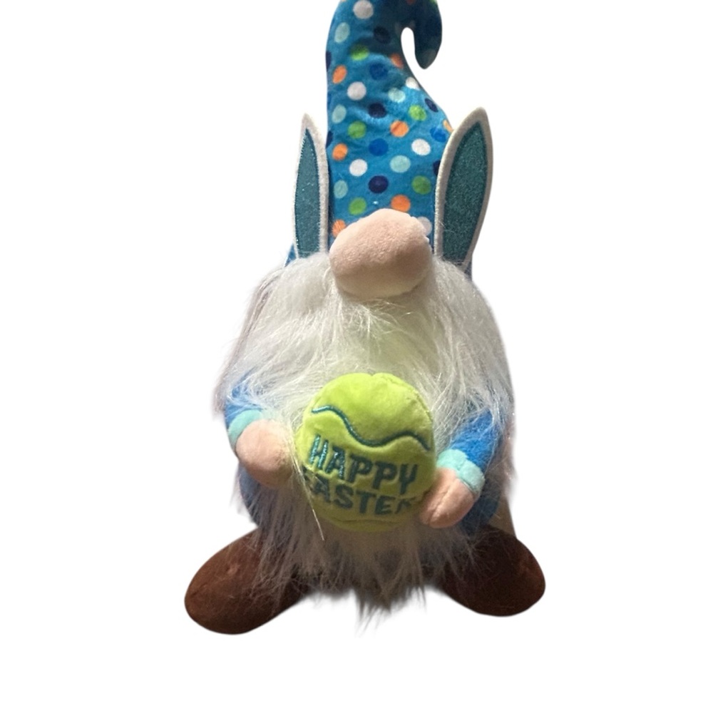 Easter Gnome Bunny Ears Polka Dot‎ Hat Holding Happy Easter Tennis Ball